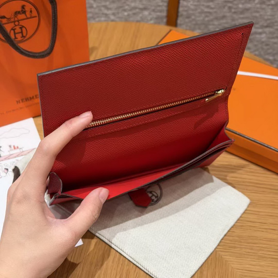 Hermes Bearn Wallet With Gusset Handmade In Epsom Calfskin Leather Gold Hardware A5 Bougainvillier - Image 10
