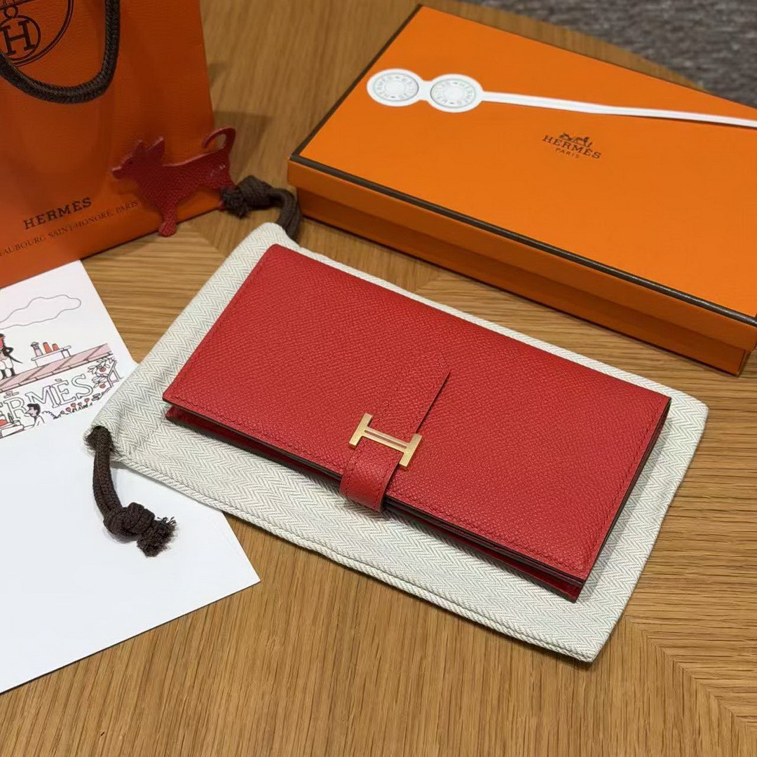 Hermes Bearn Wallet With Gusset Handmade In Epsom Calfskin Leather Gold Hardware A5 Bougainvillier - Image 7