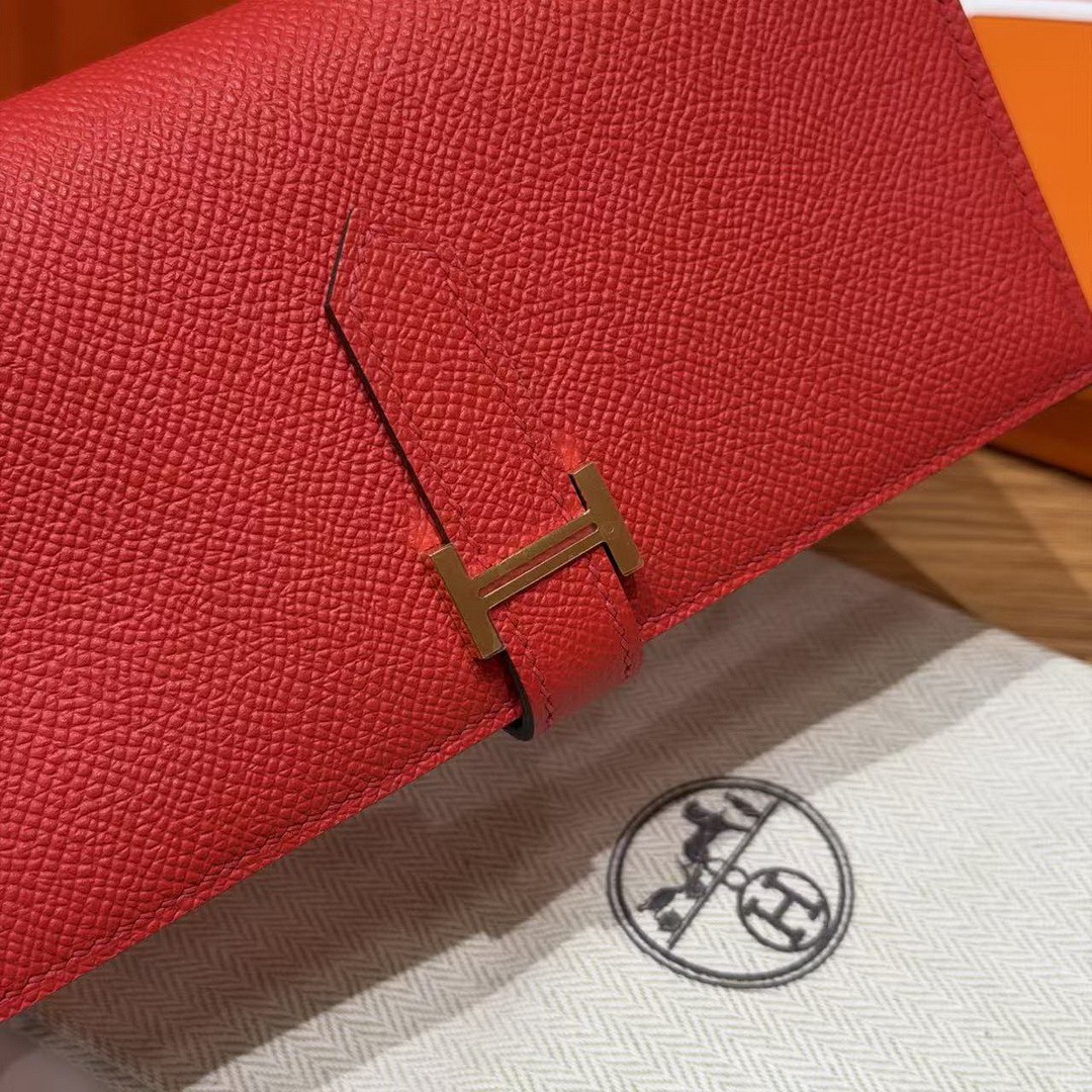 Hermes Bearn Wallet With Gusset Handmade In Epsom Calfskin Leather Gold Hardware A5 Bougainvillier - Image 6