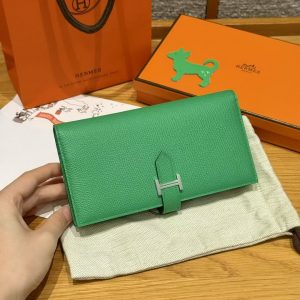 Hermes Bearn Wallet With Gusset Handmade In Epsom Calfskin Leather Silver Hardware 1K Bambou