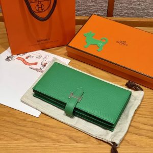 Hermes Bearn Wallet With Gusset Handmade In Epsom Calfskin Leather Silver Hardware 1K Bambou - Image 8