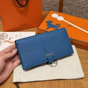 Hermes Bearn Wallet With Gusset Handmade In Epsom Calfskin Leather Silver Hardware 7Q Blue Mykonos