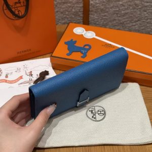 Hermes Bearn Wallet With Gusset Handmade In Epsom Calfskin Leather Silver Hardware 7Q Blue Mykonos - Image 15