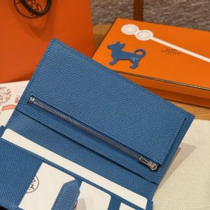 Hermes Bearn Wallet With Gusset Handmade In Epsom Calfskin Leather Silver Hardware 7Q Blue Mykonos - Image 13