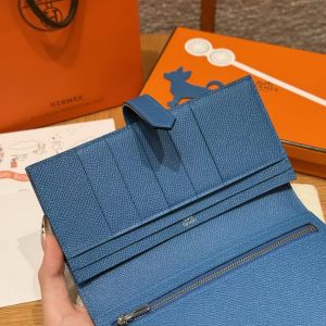 Hermes Bearn Wallet With Gusset Handmade In Epsom Calfskin Leather Silver Hardware 7Q Blue Mykonos - Image 10