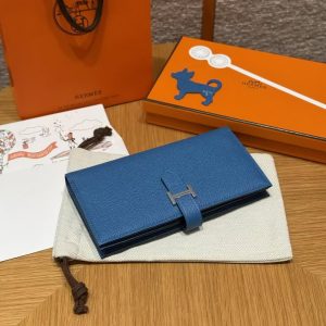 Hermes Bearn Wallet With Gusset Handmade In Epsom Calfskin Leather Silver Hardware 7Q Blue Mykonos - Image 9