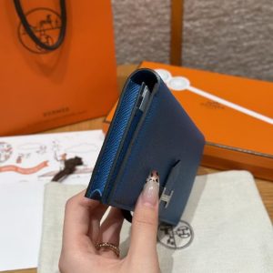 Hermes Bearn Wallet With Gusset Handmade In Epsom Calfskin Leather Silver Hardware 7Q Blue Mykonos - Image 7