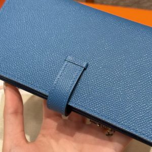 Hermes Bearn Wallet With Gusset Handmade In Epsom Calfskin Leather Silver Hardware 7Q Blue Mykonos - Image 5