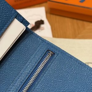 Hermes Bearn Wallet With Gusset Handmade In Epsom Calfskin Leather Silver Hardware 7Q Blue Mykonos - Image 3