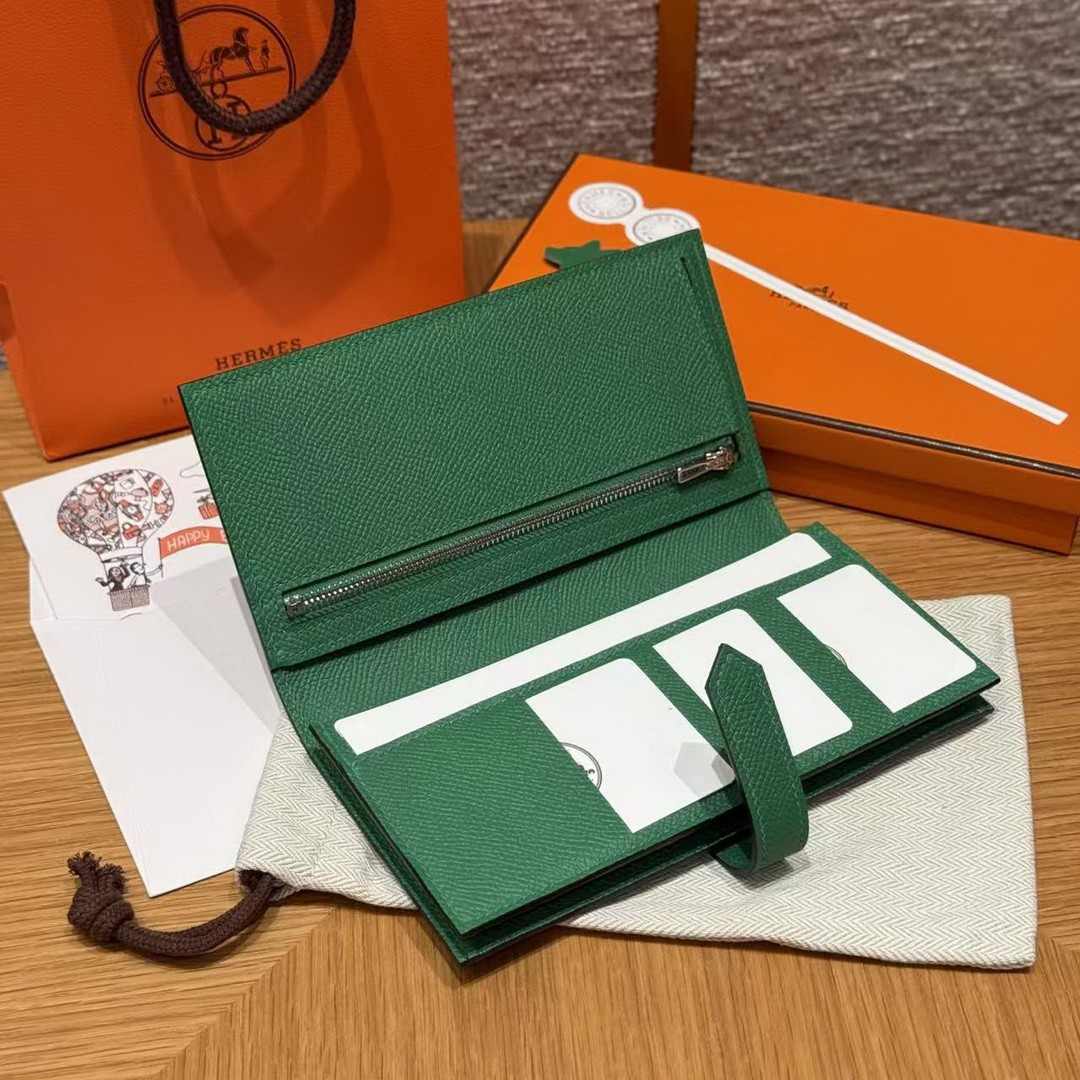 Hermes Bearn Wallet With Gusset Handmade In Epsom Calfskin Leather Silver Hardware U4 Vert Vertigo - Image 13
