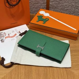 Hermes Bearn Wallet With Gusset Handmade In Epsom Calfskin Leather Silver Hardware U4 Vert Vertigo - Image 9