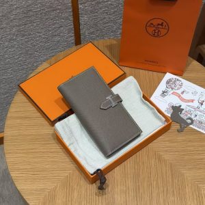Hermes Bearn Wallet With Gusset Handmade In Epsom Calfskin Leather Silver Hardware ck18 Etoupe - Image 3