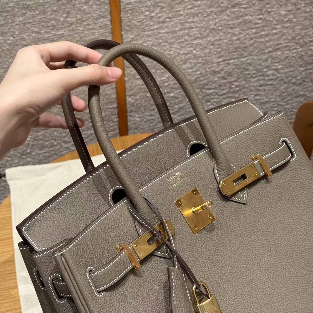 Hermes Birkin 30 Bag Handmade In Togo Calfskin Leather Gold Hardware 18 Etoupe - Image 15