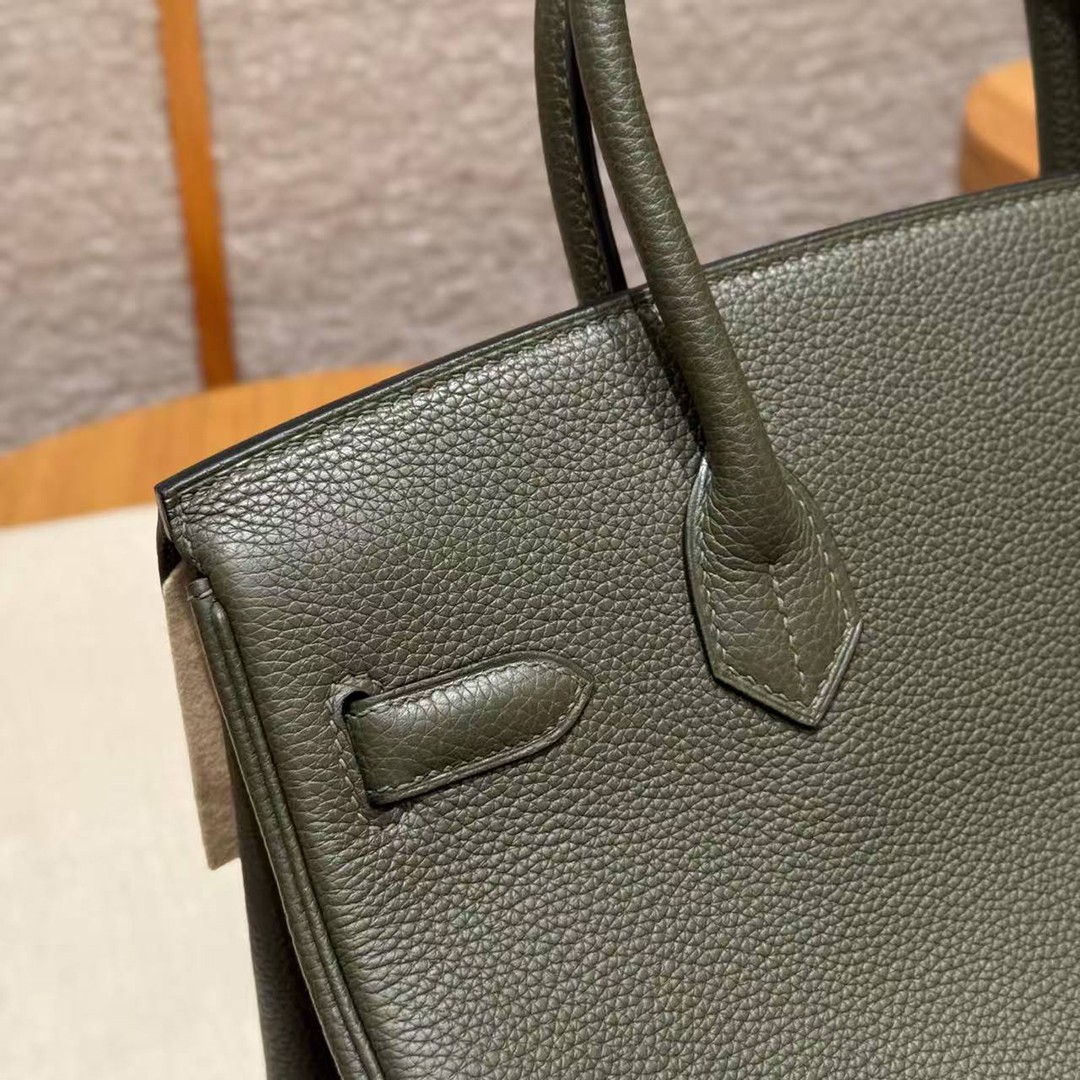Hermes Birkin 30 Bag Handmade In Togo Calfskin Leather Silver Hardware 61 Olive Green - Image 7