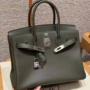 Hermes Birkin 30 Bag Handmade In Togo Calfskin Leather Silver Hardware 61 Olive Green - Image 3