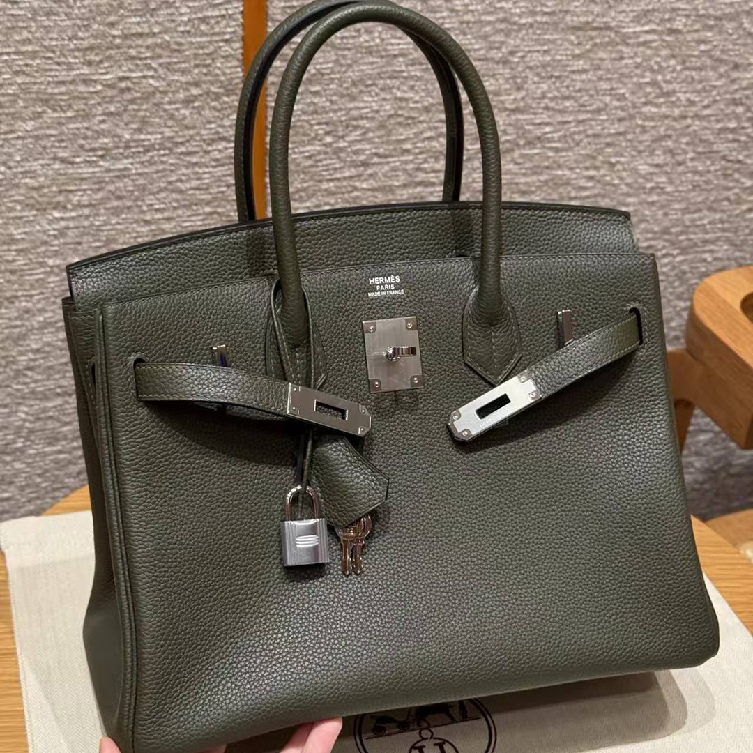 Hermes Birkin 30 Bag Handmade In Togo Calfskin Leather Silver Hardware 61 Olive Green - Image 3