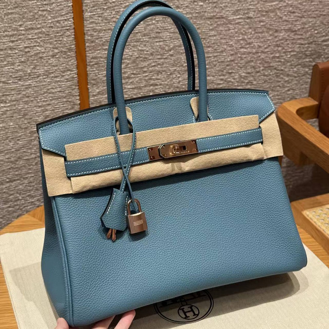 Hermes Birkin 30 Bag Handmade In Togo Calfskin Leather Rose Gold Hardware 75 Blue Jean