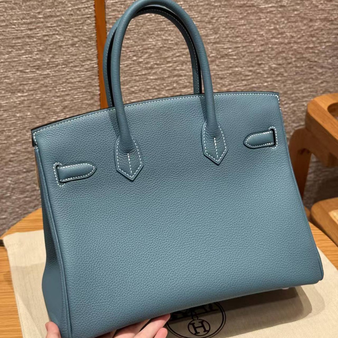 Hermes Birkin 30 Bag Handmade In Togo Calfskin Leather Rose Gold Hardware 75 Blue Jean - Image 2
