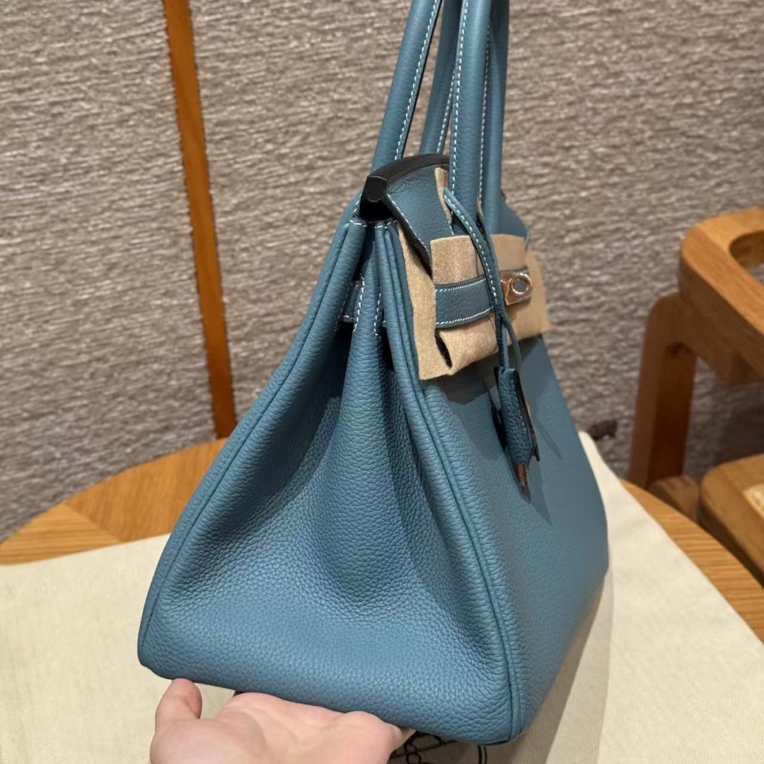 Hermes Birkin 30 Bag Handmade In Togo Calfskin Leather Rose Gold Hardware 75 Blue Jean - Image 18