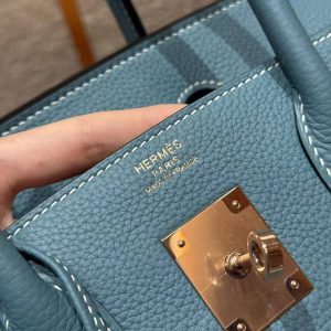 Hermes Birkin 30 Bag Handmade In Togo Calfskin Leather Rose Gold Hardware 75 Blue Jean - Image 15