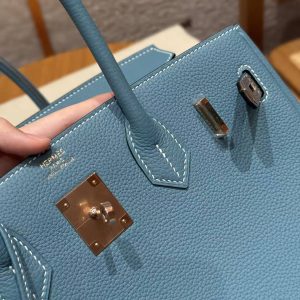 Hermes Birkin 30 Bag Handmade In Togo Calfskin Leather Rose Gold Hardware 75 Blue Jean - Image 14