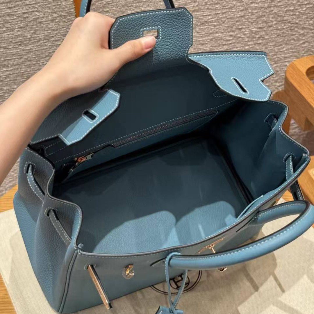 Hermes Birkin 30 Bag Handmade In Togo Calfskin Leather Rose Gold Hardware 75 Blue Jean - Image 11