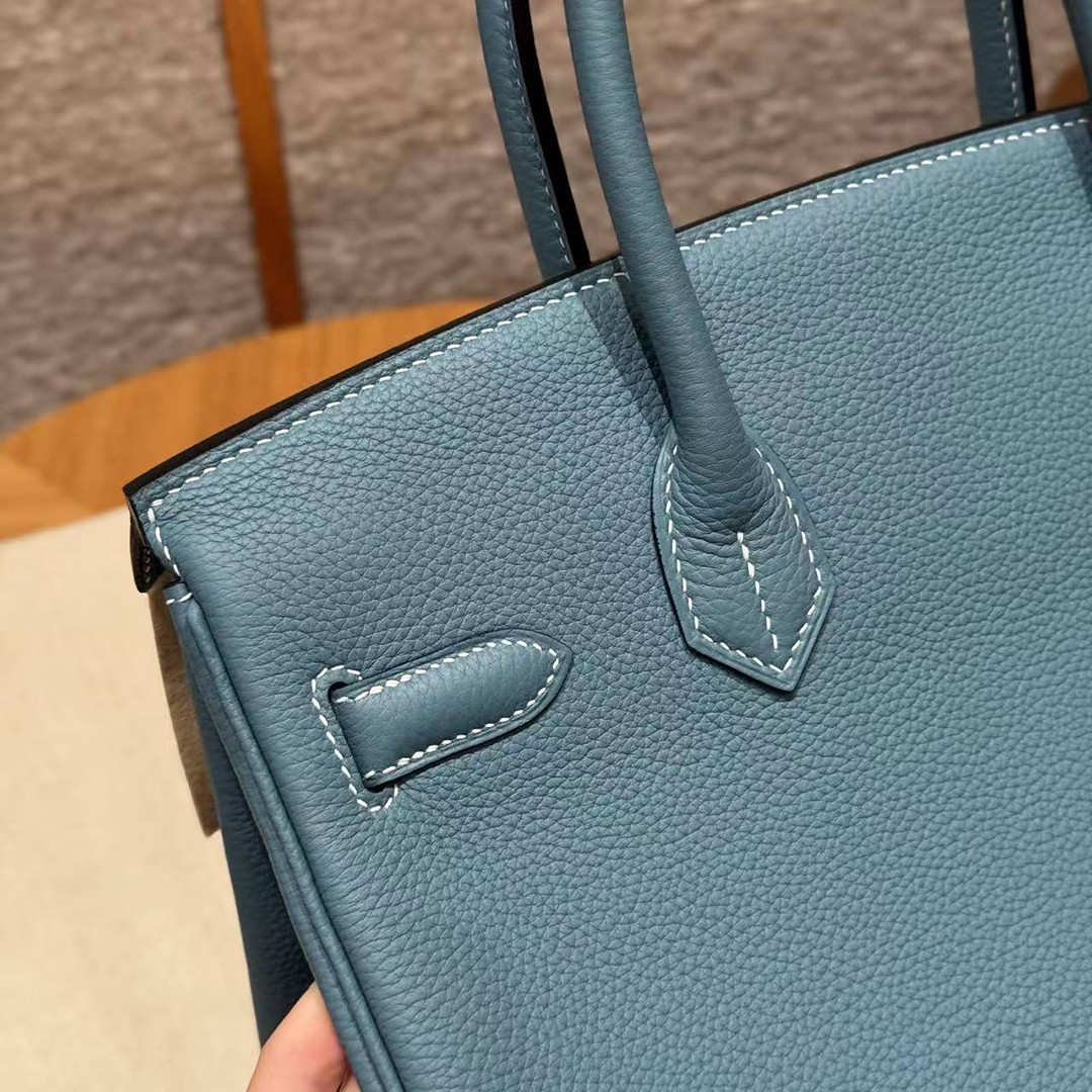 Hermes Birkin 30 Bag Handmade In Togo Calfskin Leather Rose Gold Hardware 75 Blue Jean - Image 8