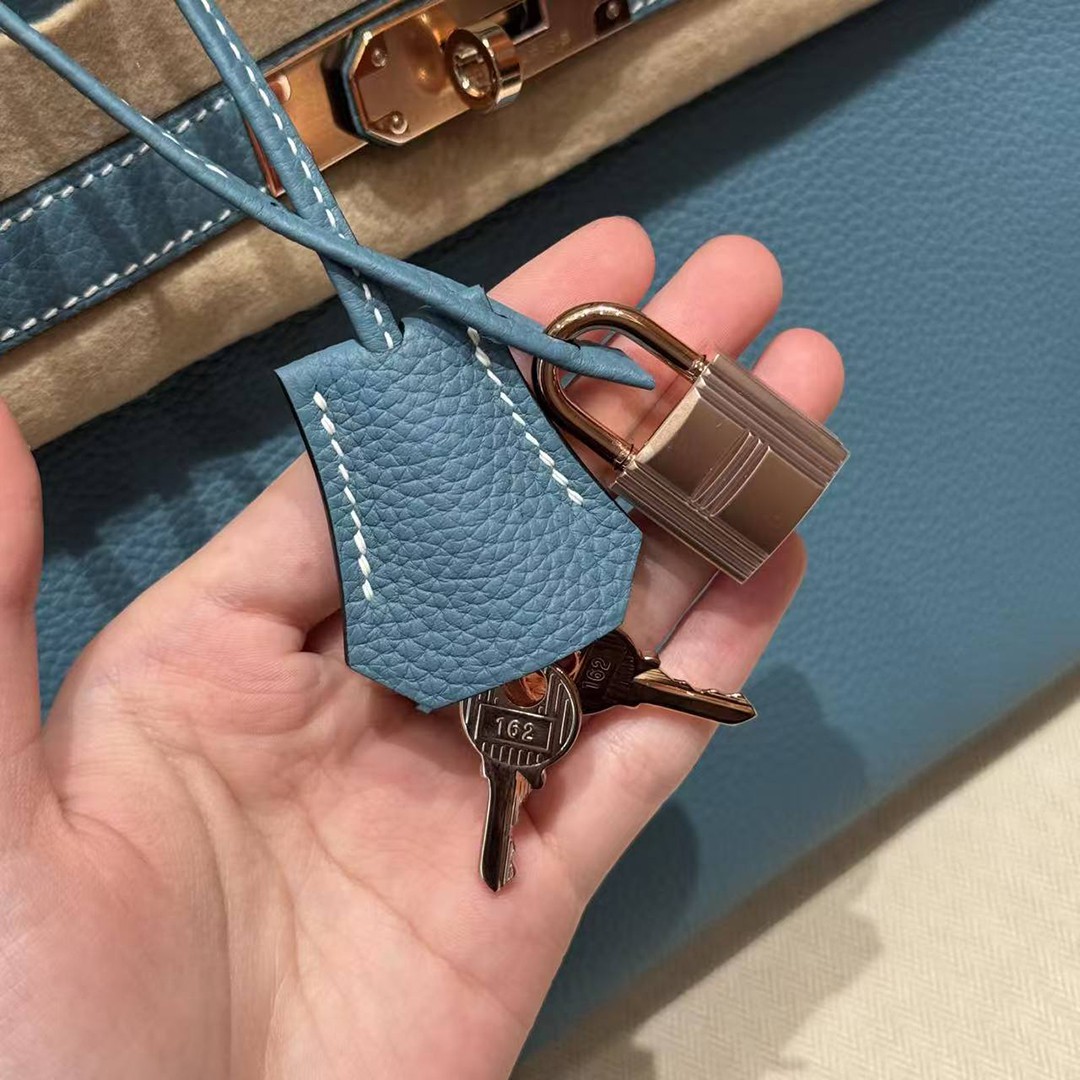 Hermes Birkin 30 Bag Handmade In Togo Calfskin Leather Rose Gold Hardware 75 Blue Jean - Image 4