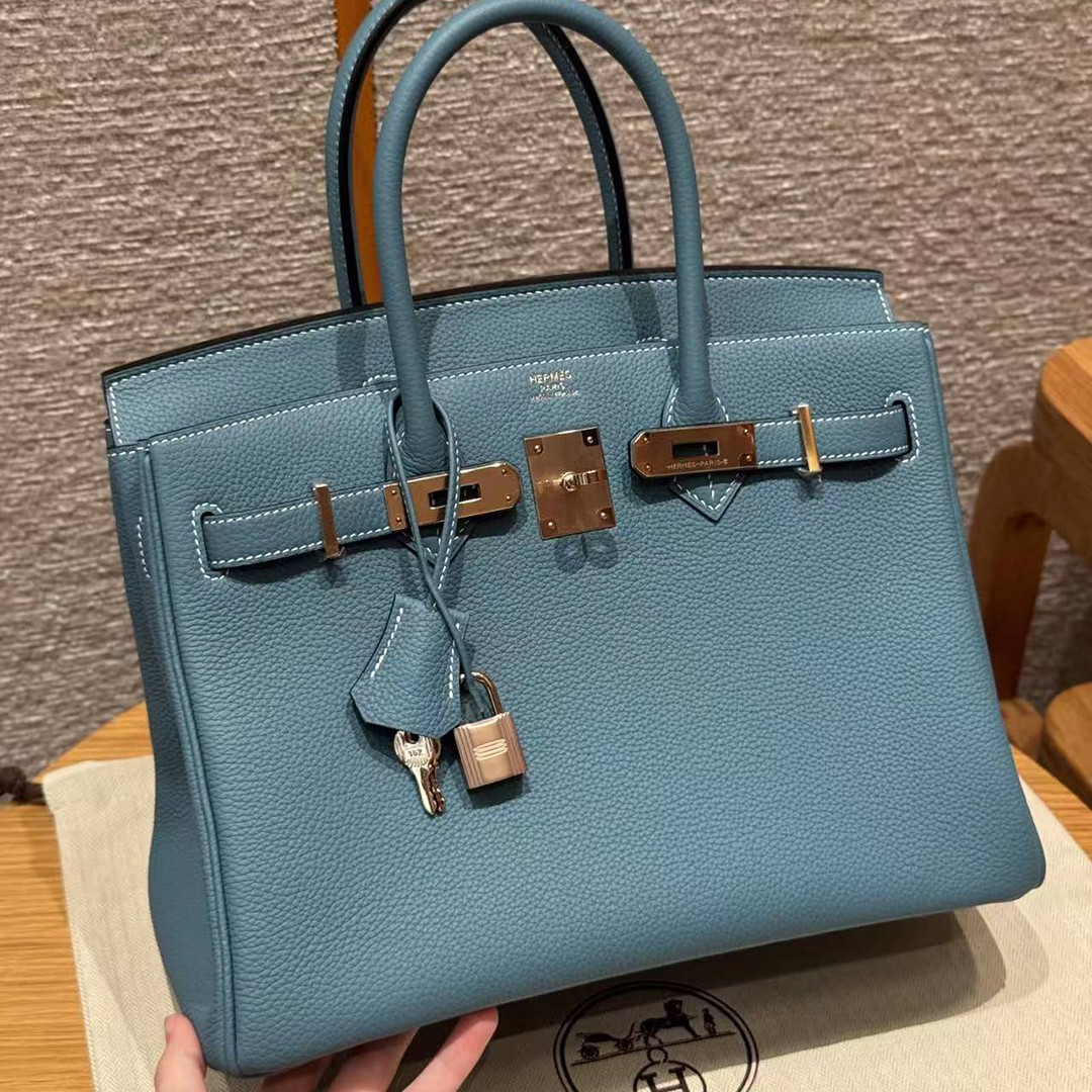 Hermes Birkin 30 Bag Handmade In Togo Calfskin Leather Rose Gold Hardware 75 Blue Jean - Image 3