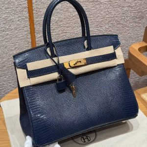 Hermes Birkin 30 Bag Handmade In Lizard Leather from South Africa Gold Hardware 7P Blue Presse