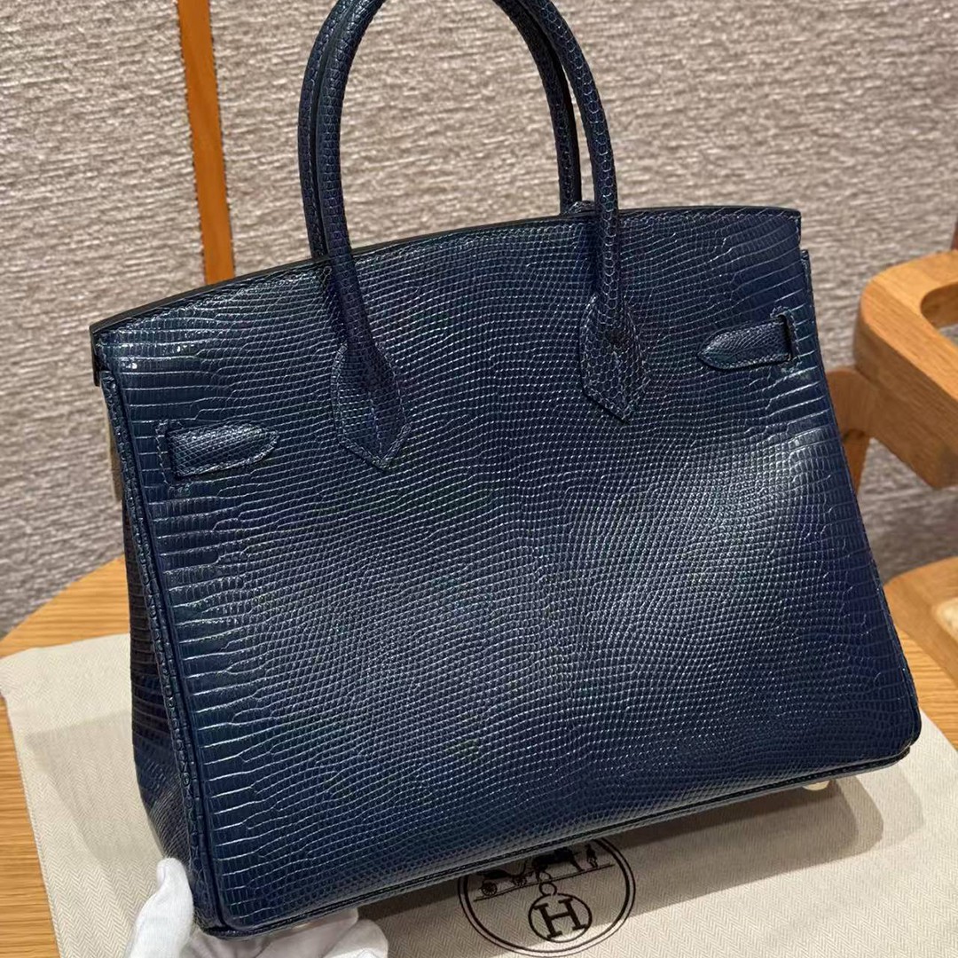 Hermes Birkin 30 Bag Handmade In Lizard Leather from South Africa Gold Hardware 7P Blue Presse - Image 18