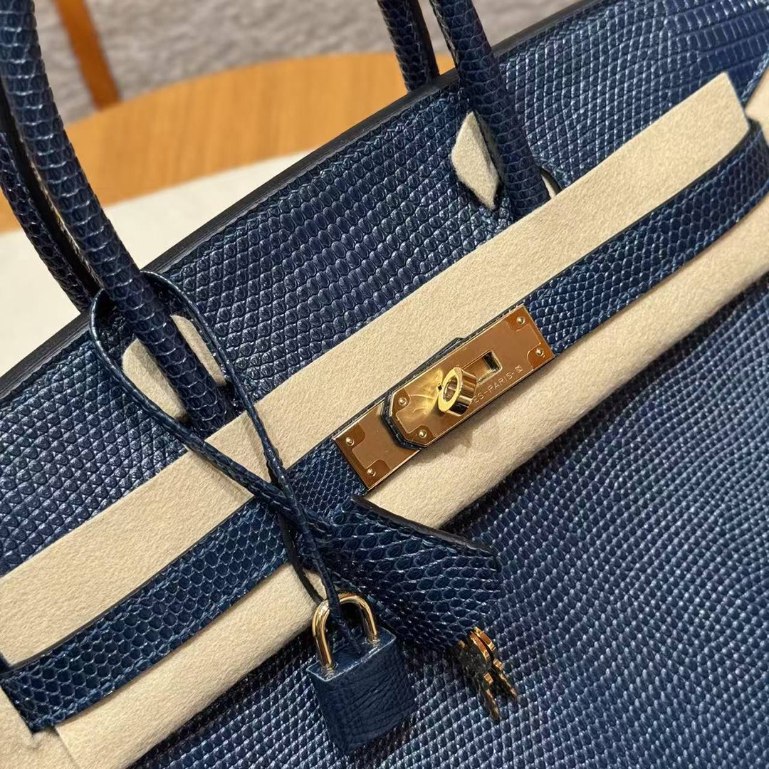 Hermes Birkin 30 Bag Handmade In Lizard Leather from South Africa Gold Hardware 7P Blue Presse - Image 17