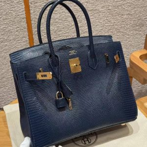 Hermes Birkin 30 Bag Handmade In Lizard Leather from South Africa Gold Hardware 7P Blue Presse - Image 13