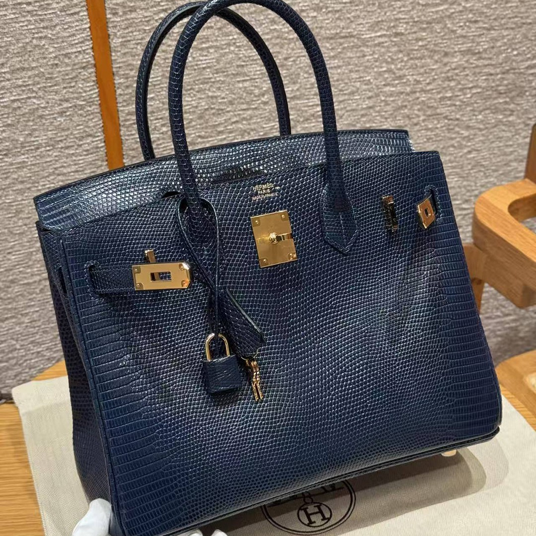 Hermes Birkin 30 Bag Handmade In Lizard Leather from South Africa Gold Hardware 7P Blue Presse - Image 13