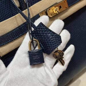 Hermes Birkin 30 Bag Handmade In Lizard Leather from South Africa Gold Hardware 7P Blue Presse - Image 3