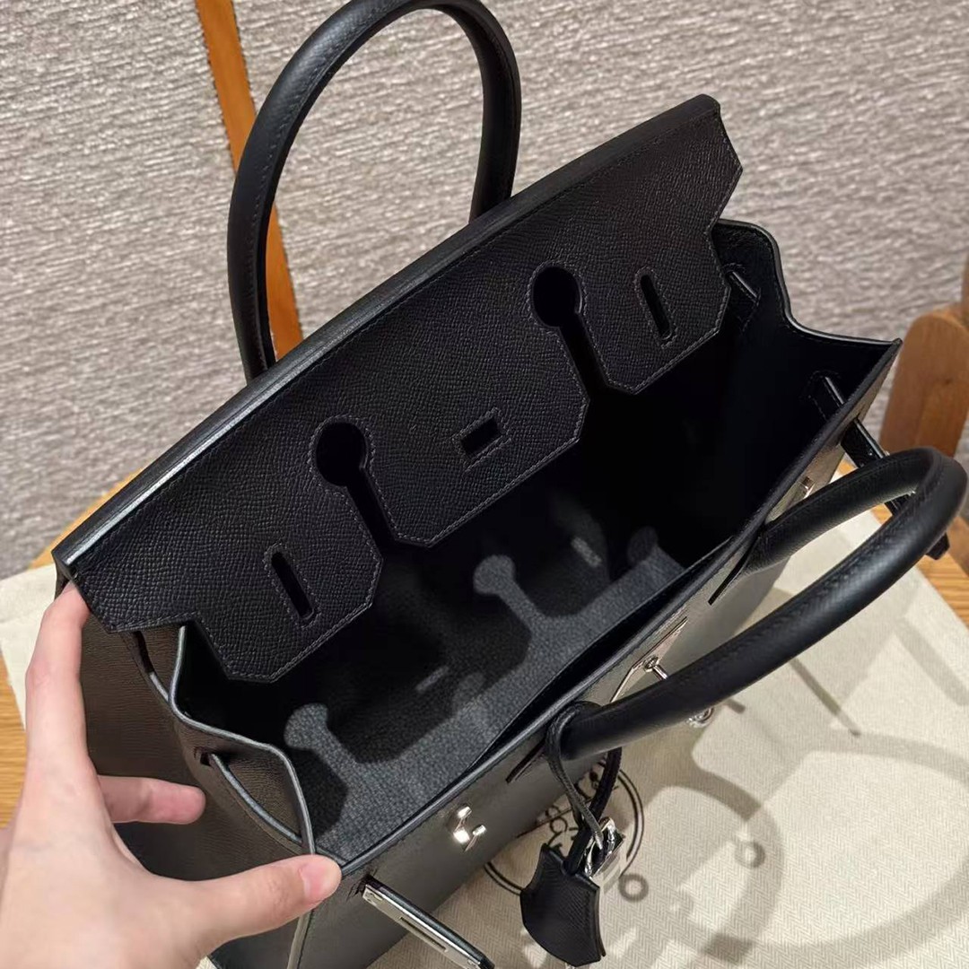 Hermes Birkin 30 Bag Handmade In Epsom Calfskin Leather Silver Hardware 89 Noir - Image 14