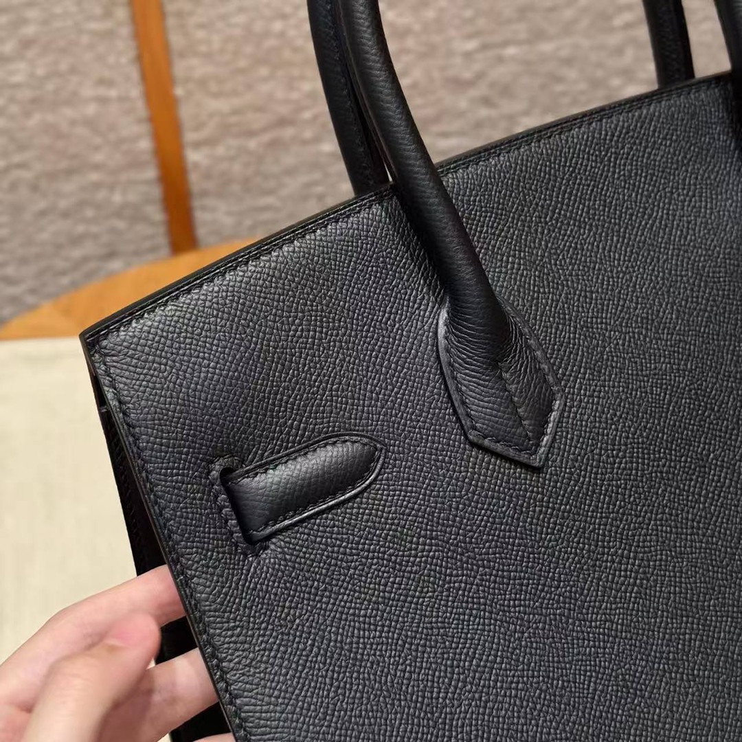 Hermes Birkin 30 Bag Handmade In Epsom Calfskin Leather Silver Hardware 89 Noir - Image 12