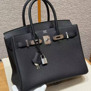 Hermes Birkin 30 Bag Handmade In Togo Calfskin Leather Silver Hardware 89 Noir - Image 12