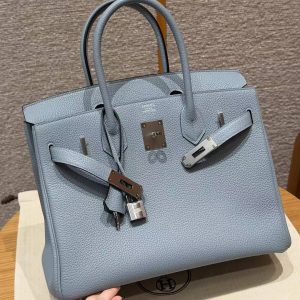 Hermes Birkin 30 Bag Handmade In Togo Calfskin Leather Silver Hardware J7 Blue Lin - Image 12