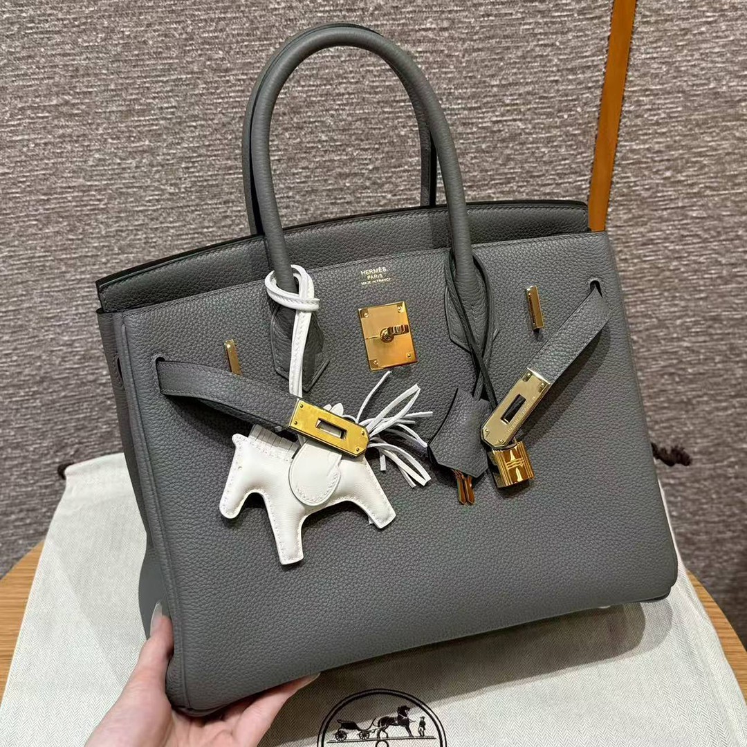 Hermes Birkin 35 Bag Handmade In Togo Calfskin Leather Gold Hardware 0L Gris Mayer
