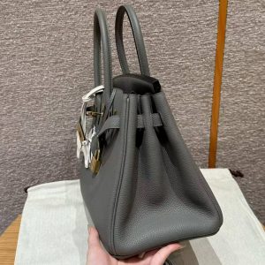 Hermes Birkin 35 Bag Handmade In Togo Calfskin Leather Gold Hardware 0L Gris Mayer - Image 24