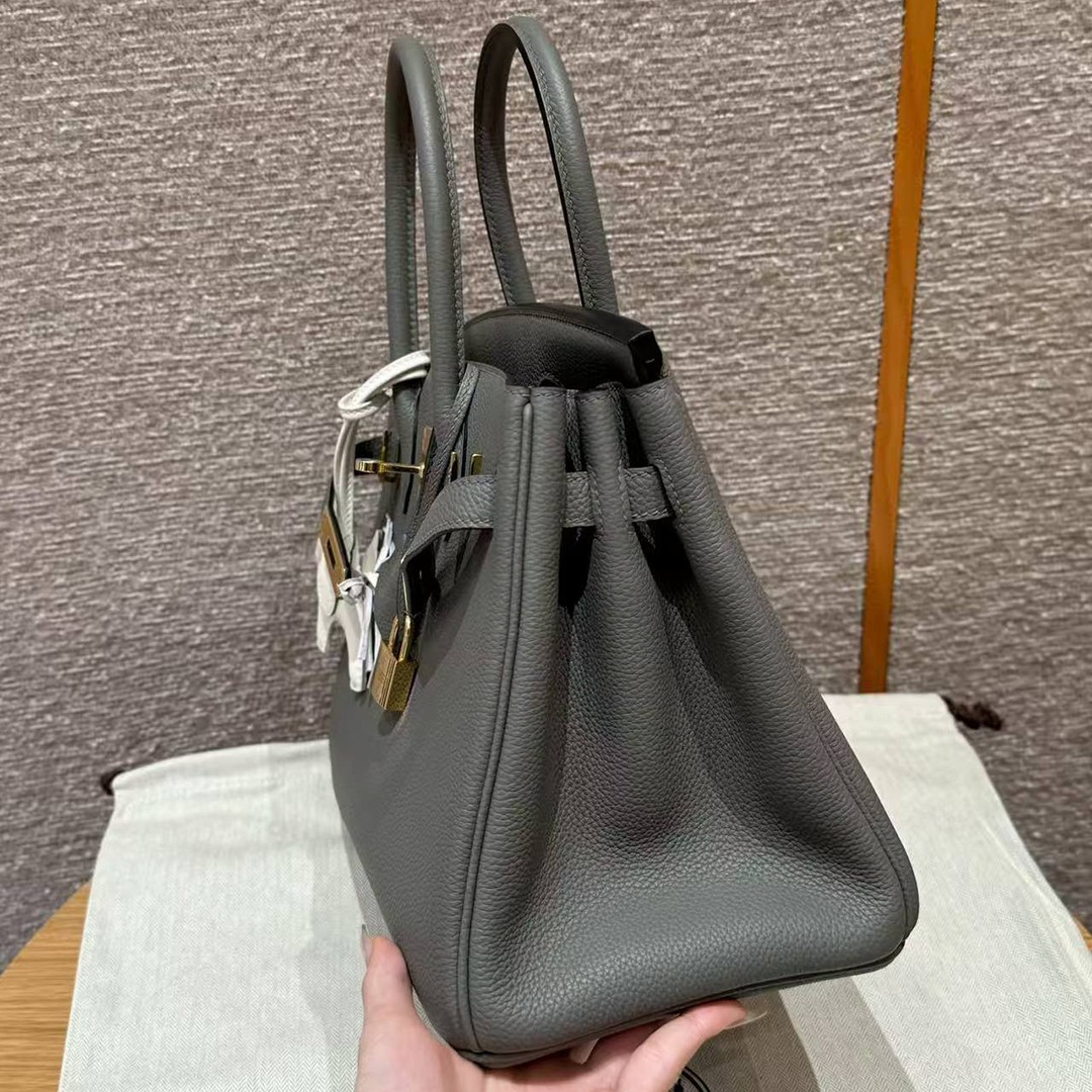 Hermes Birkin 35 Bag Handmade In Togo Calfskin Leather Gold Hardware 0L Gris Mayer - Image 24