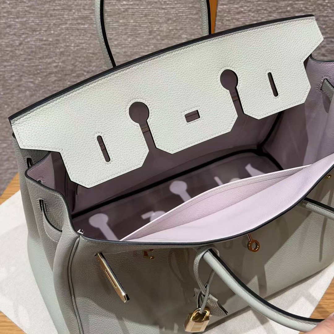 Hermes Birkin 35 Bag Handmade In Togo Calfskin Leather Gold Hardware 0W Girs Neve 09 Mauve Pale - Image 12