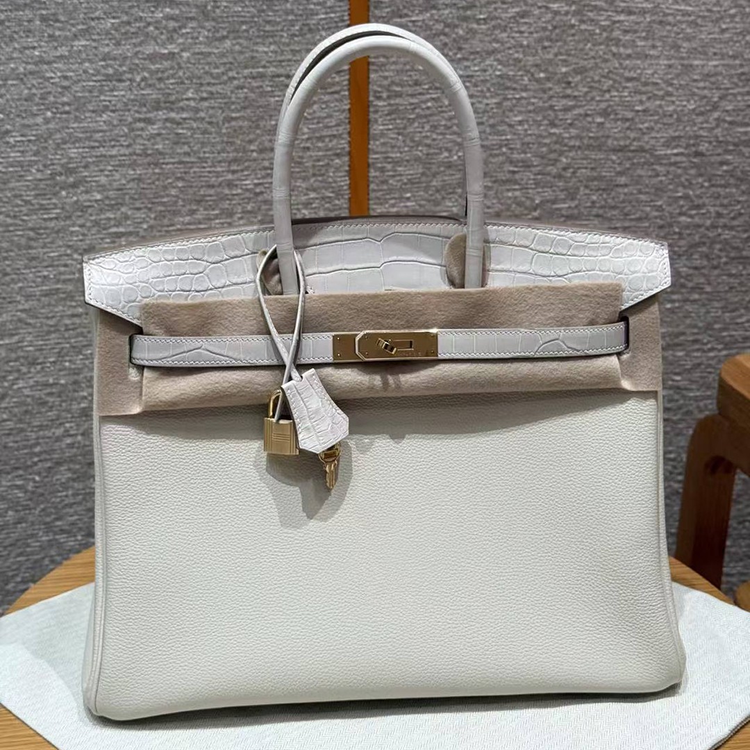 Hermes Birkin 35 Bag Handmade In Togo Calfskin Leather And Porosus Crocodile Leather Gold Hardware 10 Craie