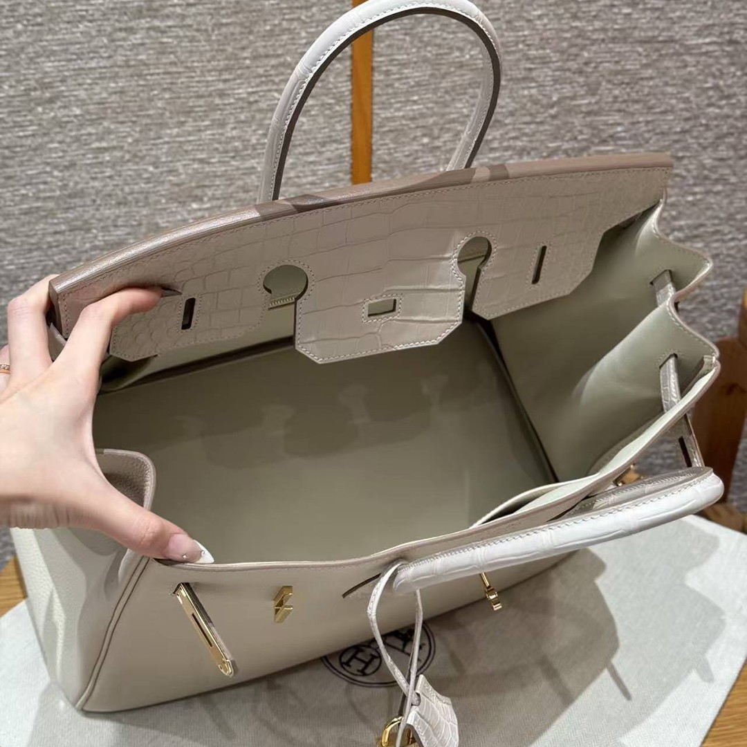 Hermes Birkin 35 Bag Handmade In Togo Calfskin Leather And Porosus Crocodile Leather Gold Hardware 10 Craie - Image 24