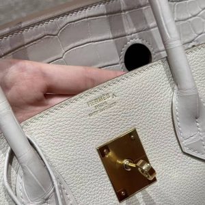 Hermes Birkin 35 Bag Handmade In Togo Calfskin Leather And Porosus Crocodile Leather Gold Hardware 10 Craie - Image 23