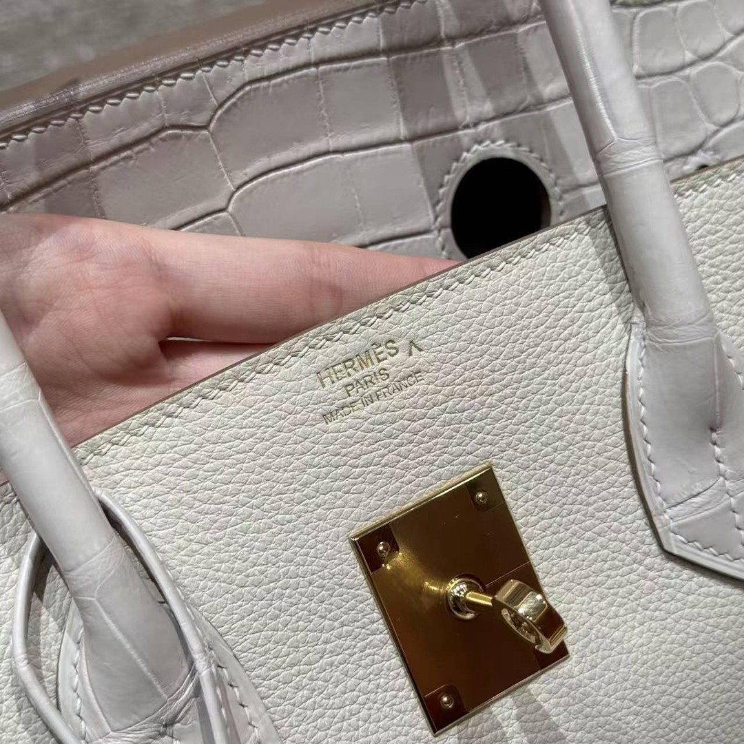 Hermes Birkin 35 Bag Handmade In Togo Calfskin Leather And Porosus Crocodile Leather Gold Hardware 10 Craie - Image 23