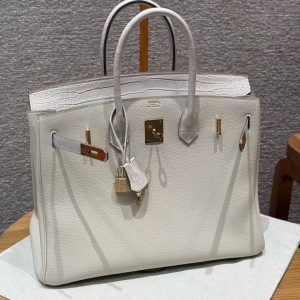 Hermes Birkin 35 Bag Handmade In Togo Calfskin Leather And Porosus Crocodile Leather Gold Hardware 10 Craie - Image 21