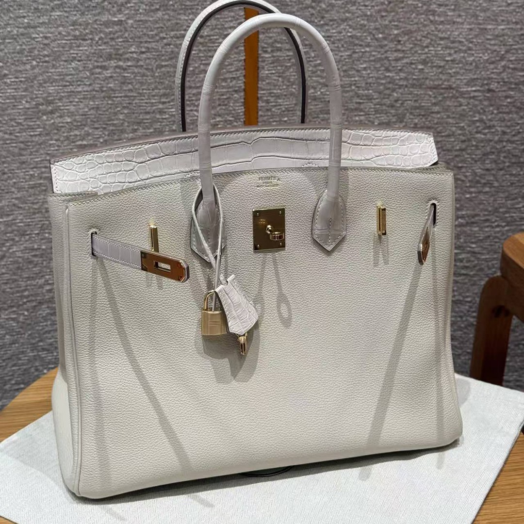 Hermes Birkin 35 Bag Handmade In Togo Calfskin Leather And Porosus Crocodile Leather Gold Hardware 10 Craie - Image 21
