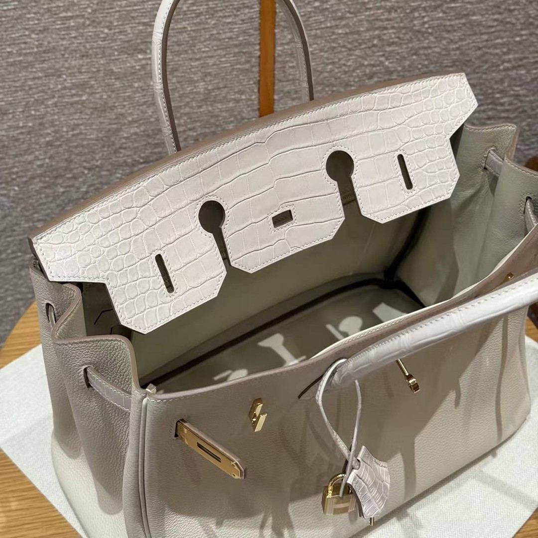 Hermes Birkin 35 Bag Handmade In Togo Calfskin Leather And Porosus Crocodile Leather Gold Hardware 10 Craie - Image 18
